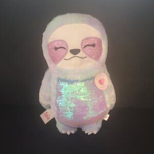 NWT Justice Blue & Purple Reversible Sequins Sloth w/ Marbled Soft Faux Fur 14"